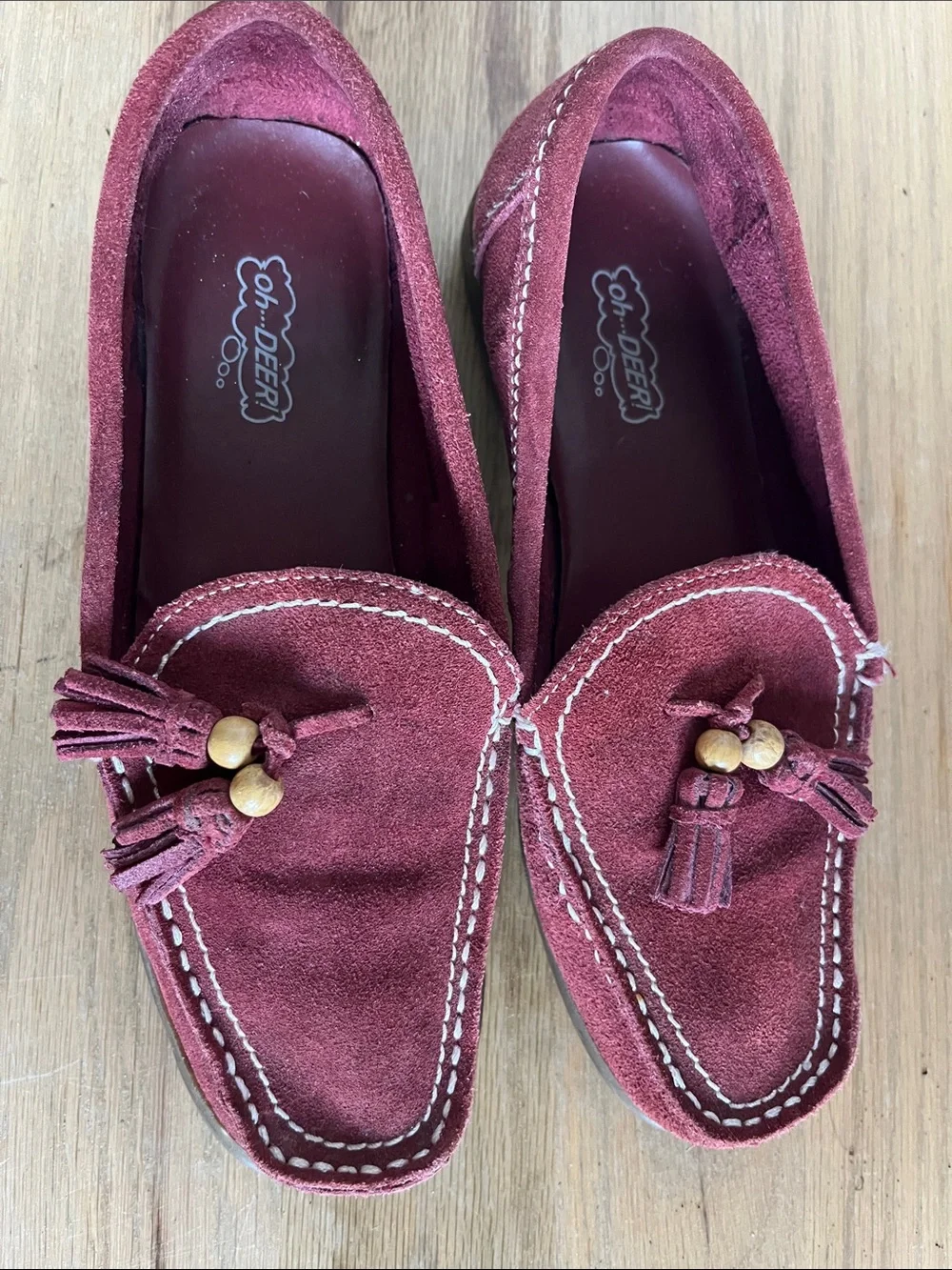 Oh Deer! Kids Burgundy Suede Tassel Loafers with Wooden Beads